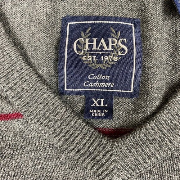 Chaps Mens Sweater Gray Red Striped V Neck Long Sl - Picture 5 of 6